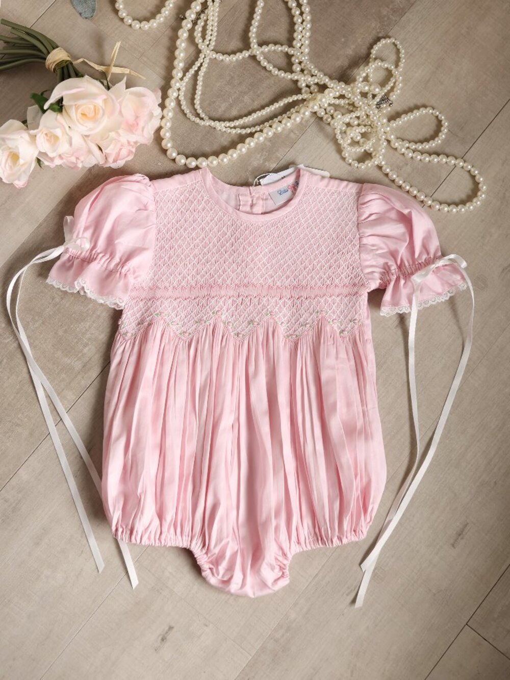 Pink Smoked Heirloom Bubble Romper Satin Ribbon 100% Cotton Size 12 Months NWT